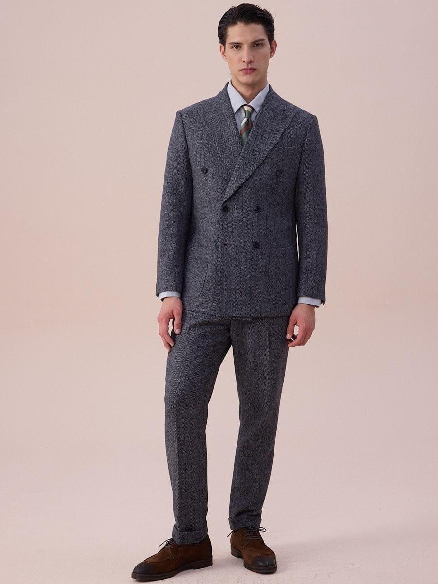 Marini Verona High Waisted Pleated Herringbone Wool Pants