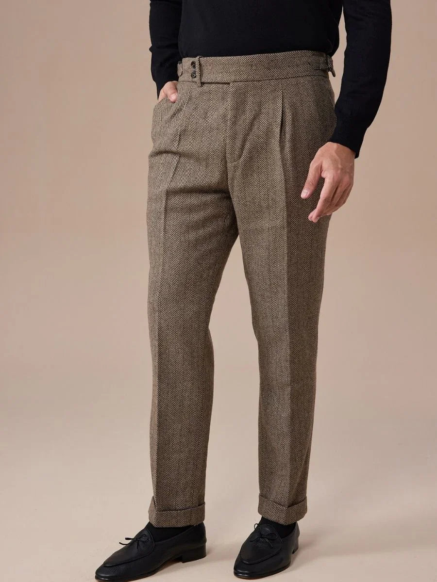 Marini Verona High Waisted Pleated Herringbone Wool Pants